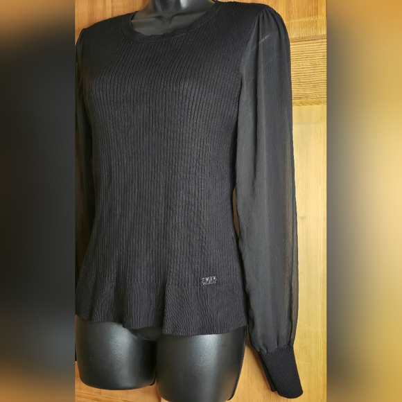 DKNY Black Ribbed Knit Top With Sheer Sleeves Office Attire Work Wear Size M - Picture 8 of 9